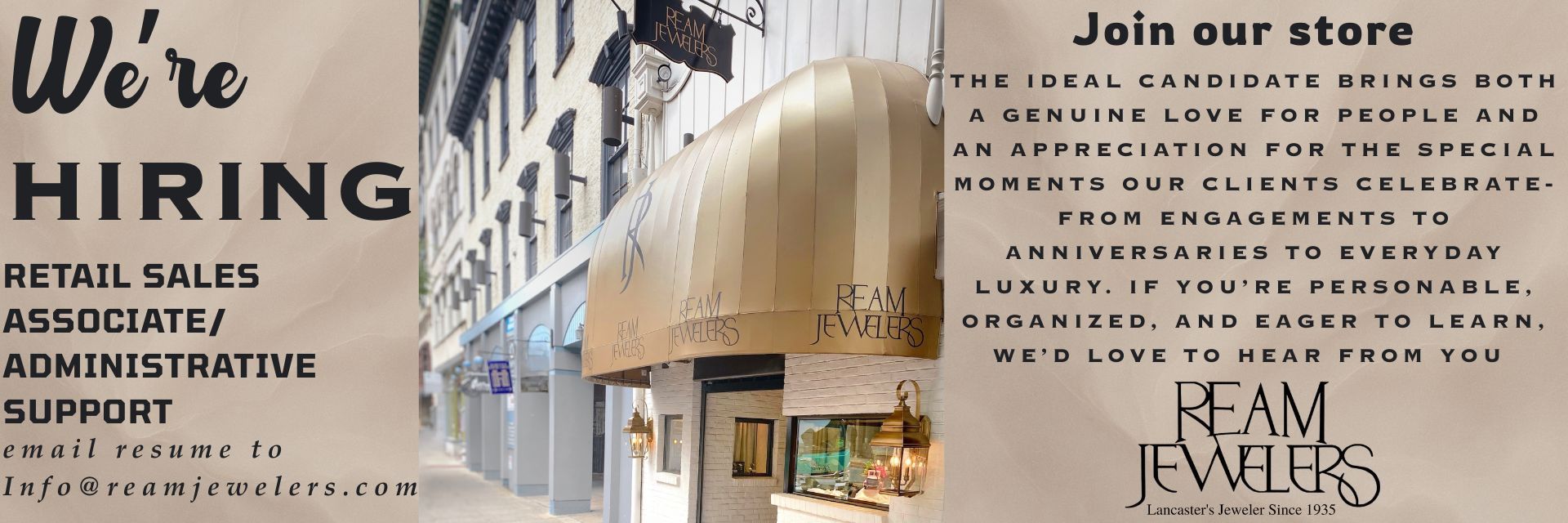 Banner featuring storefront, Ream Jewelers is hiring!
